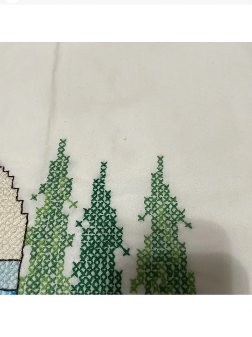 Pair Of Pillowcases Handmade Cross Stitch Embroidery Campers & Trees Standard Sz